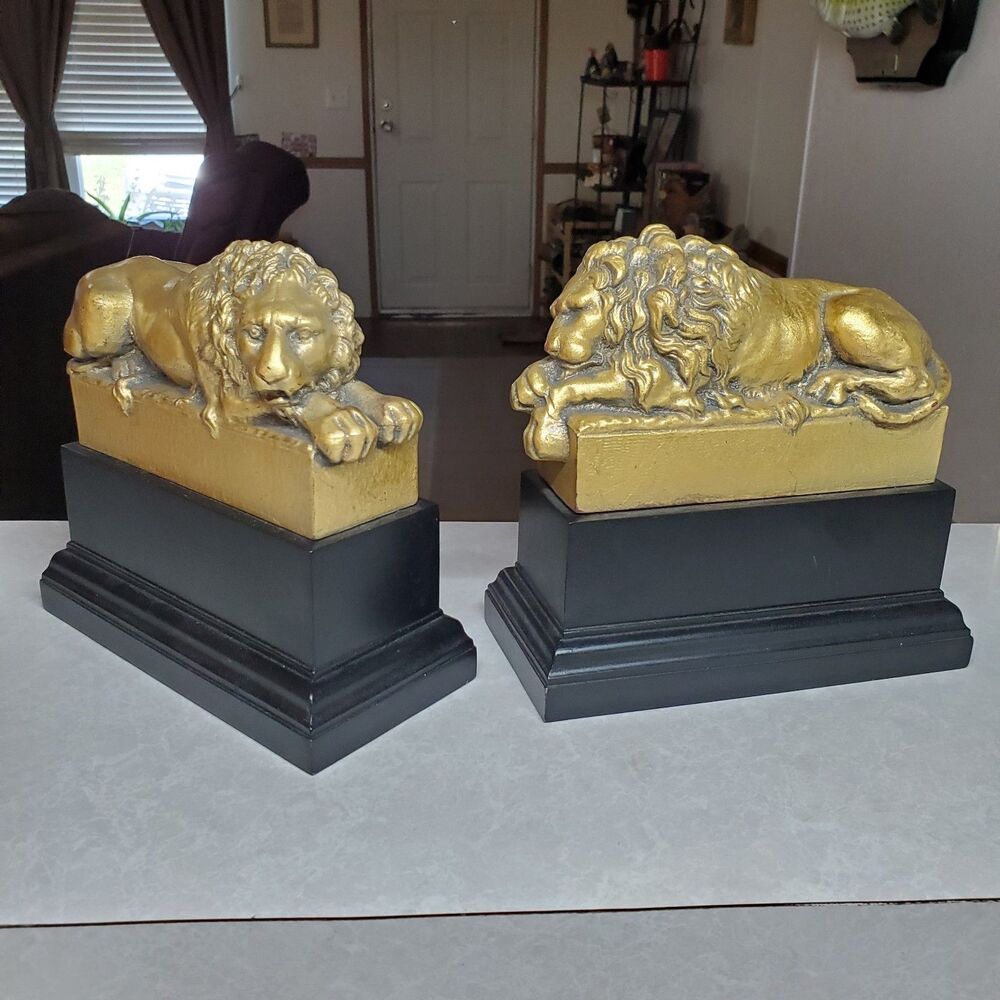 Vintage Gold Lion Bookends Pair Sleeping Lion Hollywood Regency Decor